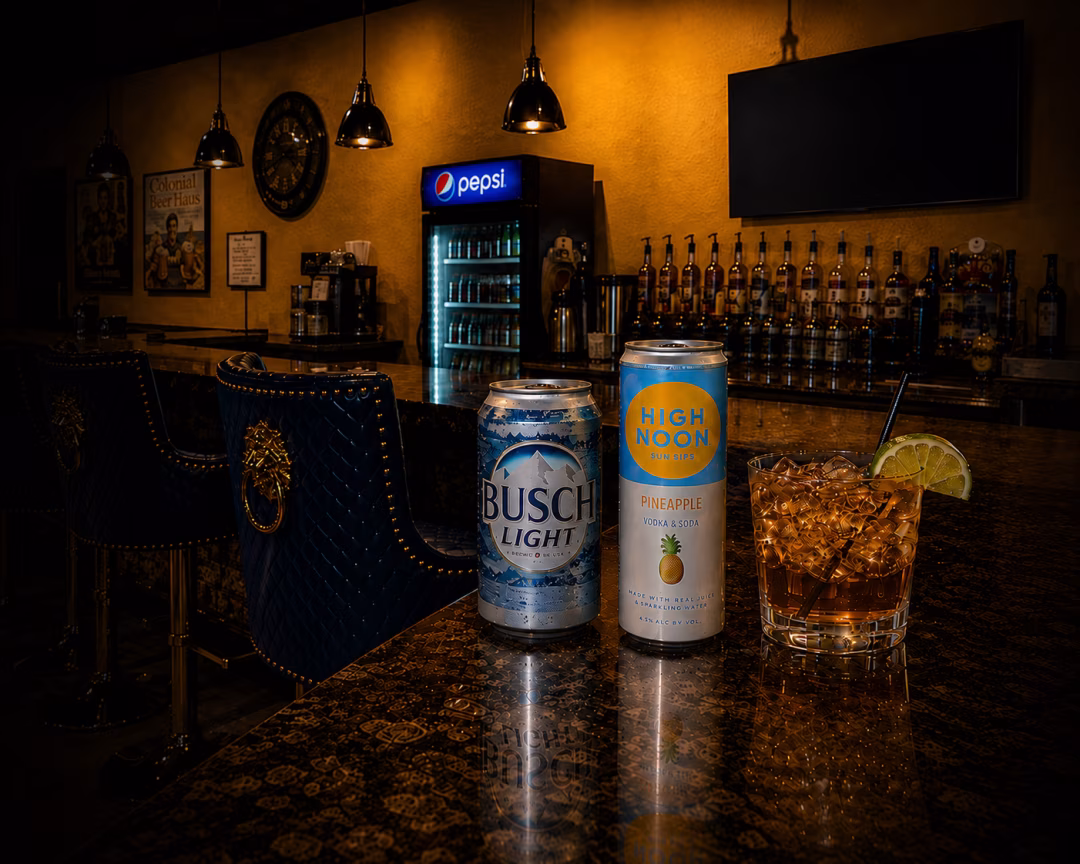 Drinks lined up on the bar counter at Bacchus